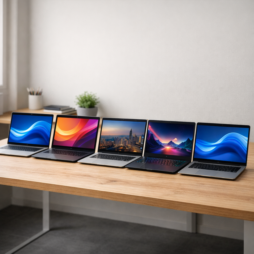 Mesa com cinco notebooks alinhados