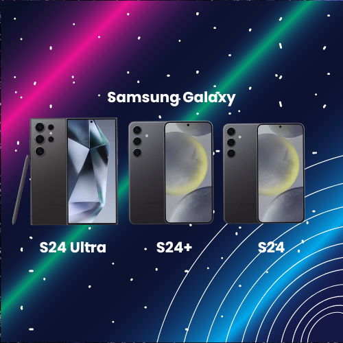 Imagem com os celulares Samsung Galaxy S24 Ultra, S24+ e S24, lado a lado
